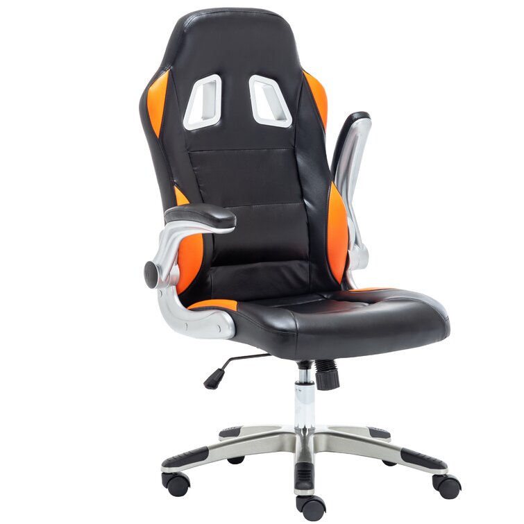 Inbox Zero Adjustable Ergonomic Faux Leather Swiveling PC Racing Game Chair in Black Orange